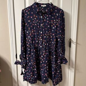 FRNCH Paris Navy Shirt Dress with Delicate Floral Print, Tiered Skirt | Size M